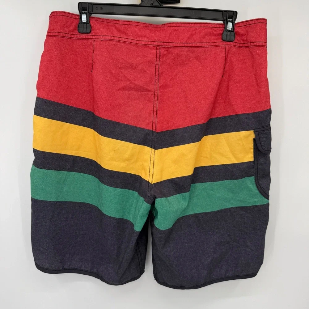 Lira Board Shorts Men 34 Red Yellow Green Rasta Stripe Cargo Pocket Swim Trunks